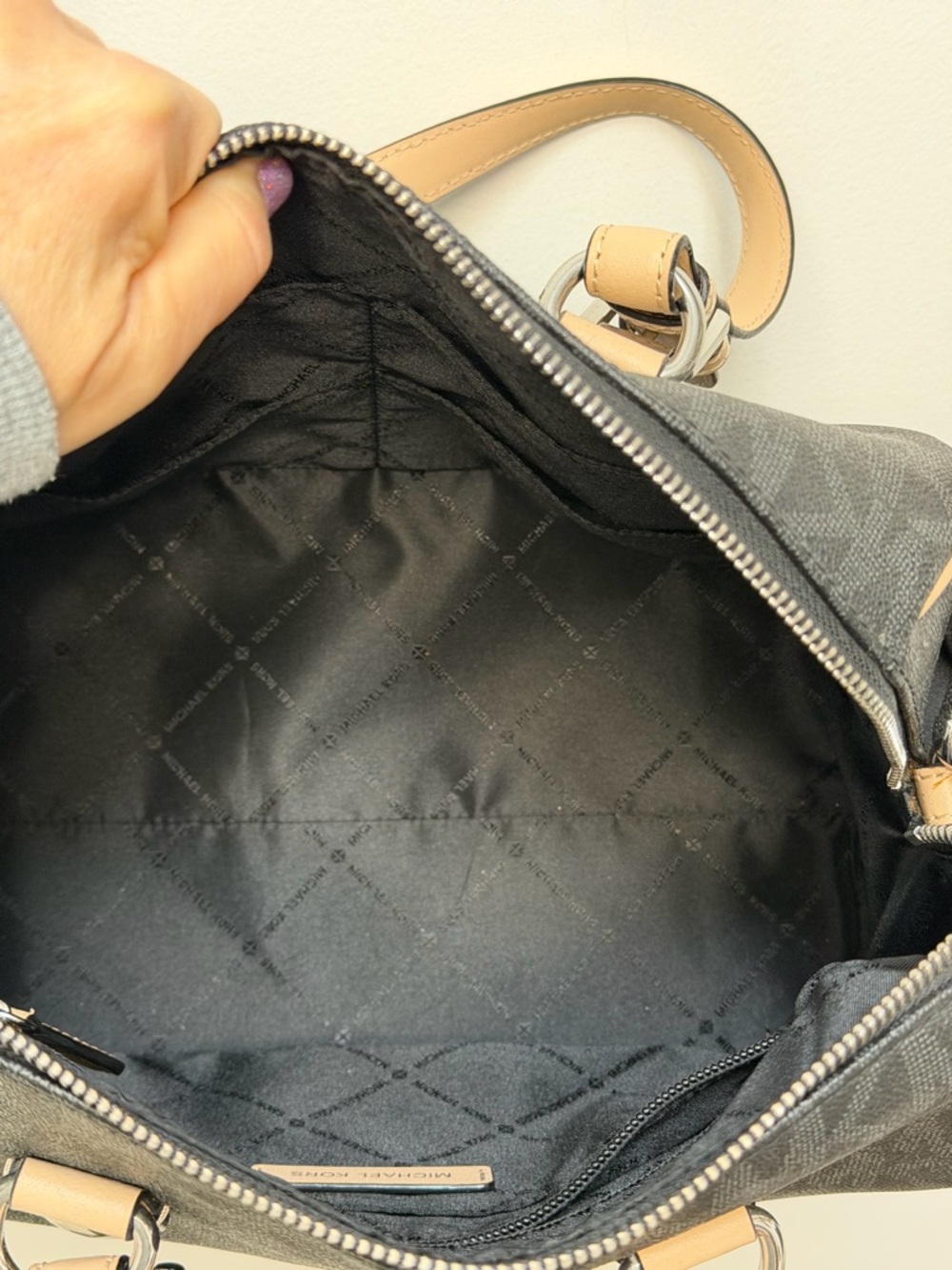 Michael Kors Black Logo Satchel with Tan Handles - Picture 6 of 8